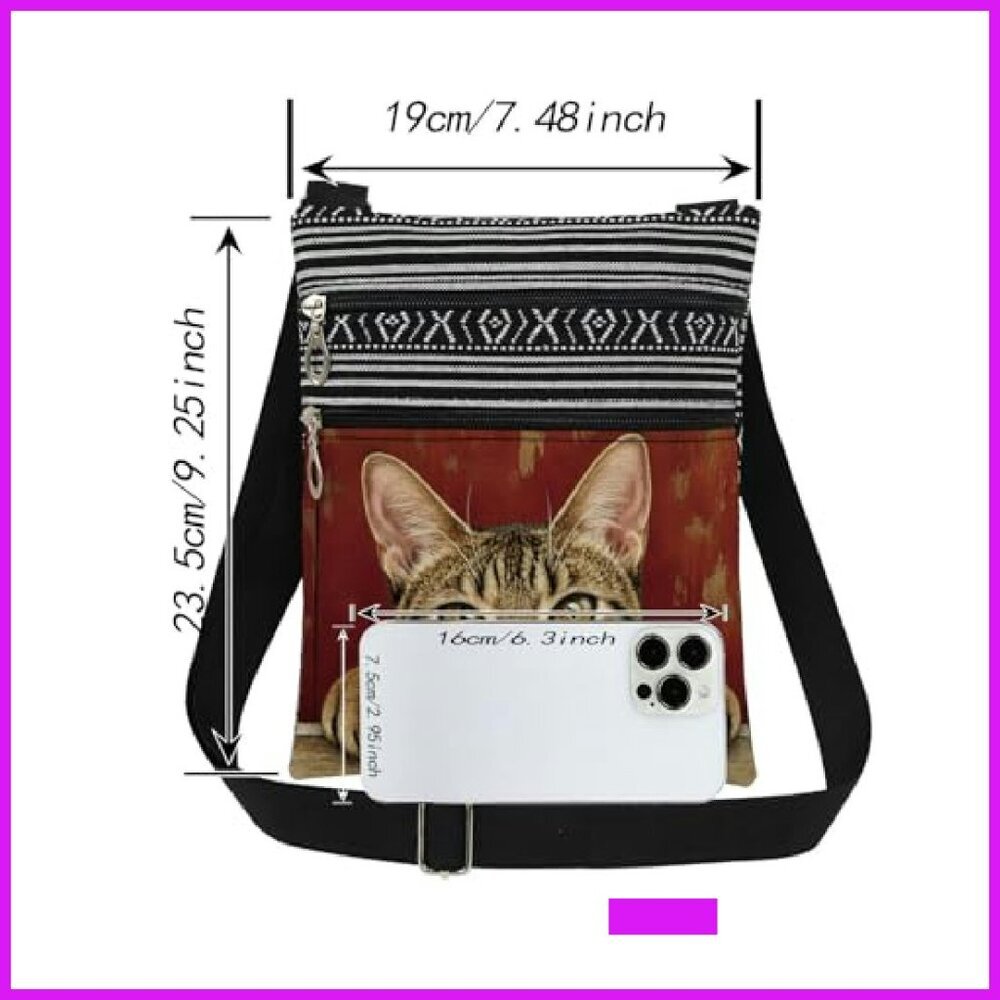 Adjustable Strap Crossbody Bag Minimal Chic Cat Print Dual Compartments - Picture 5 of 8